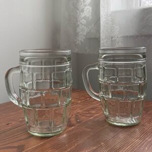 2 Vintage Beer Barrel Green Depression Glasses 70s Kitchen Drinkware Stein Mugs